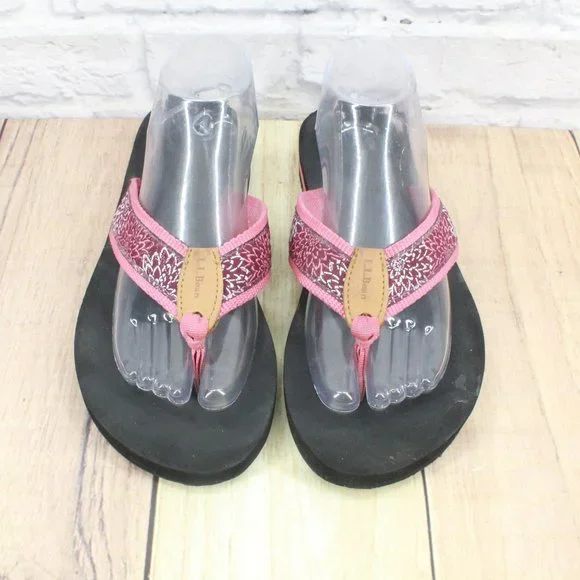 LL Bean Women's Pink Printed Nylon Flip Flops Summer Flat Sandals Size 9 M - Picture 5 of 9